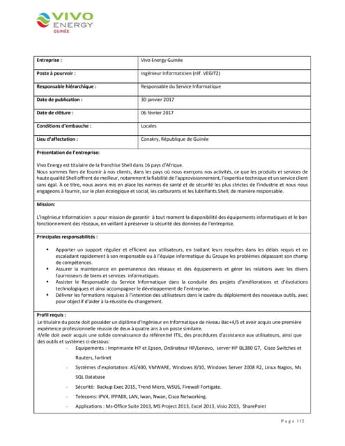 Vivo energy Guinée recrute un ingénieur informaticien