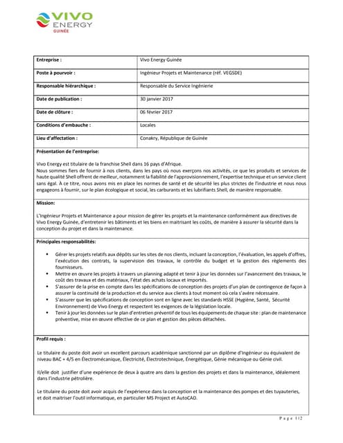 Vivo energy Guinée recrute un ingénieur projets et maintenance