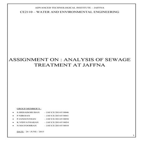 ANALYSIS OF SEWAGE TREATMENT AT JAFFNA | PDF