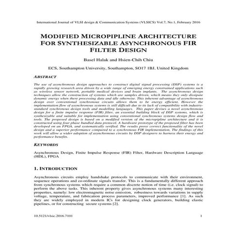 MODIFIED MICROPIPLINE ARCHITECTURE FOR SYNTHESIZABLE ASYNCHRONOUS FIR FILTER ...