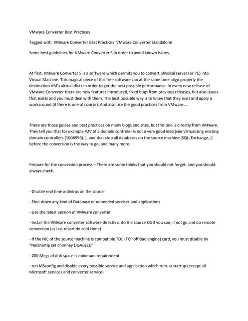 V mware converter best practices