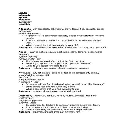 Vocabulary exercises for list 15 | PDF