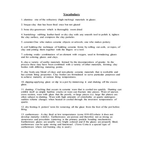 Clay Vocabulary list (ceramics, pottery)