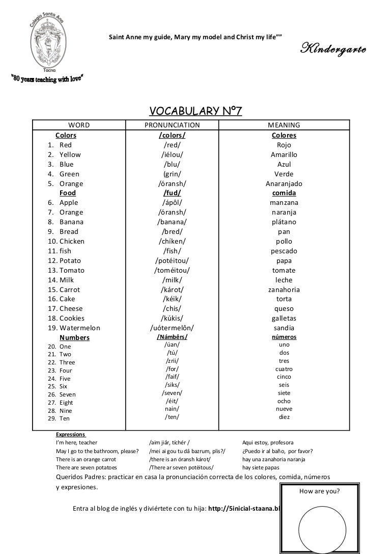 Quiero Ir Al Baño En Ingles Vocabulary list nº7 five years ok