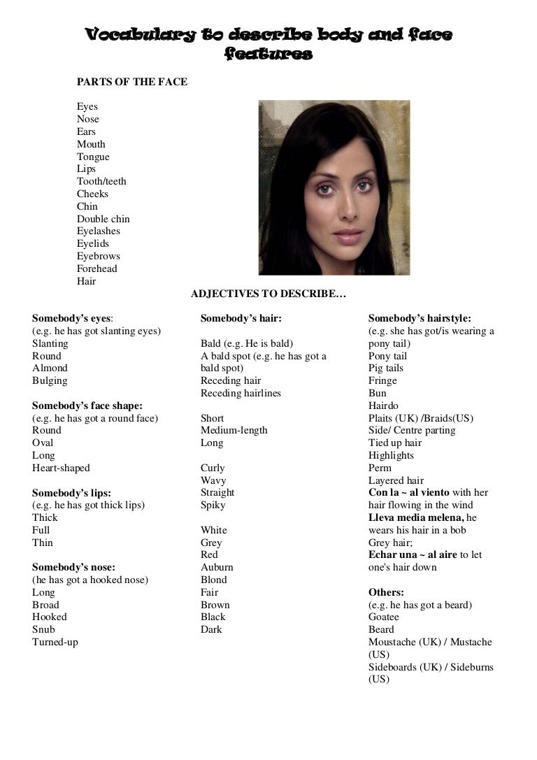 Vocabulary to describe body and face features
