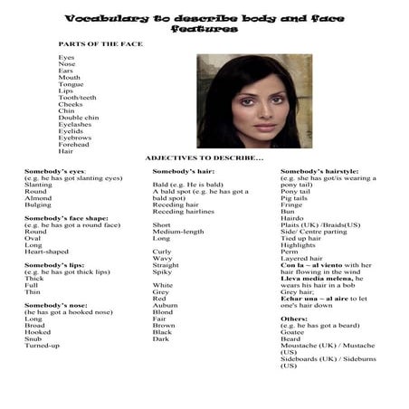 Vocabulary to describe body and face features