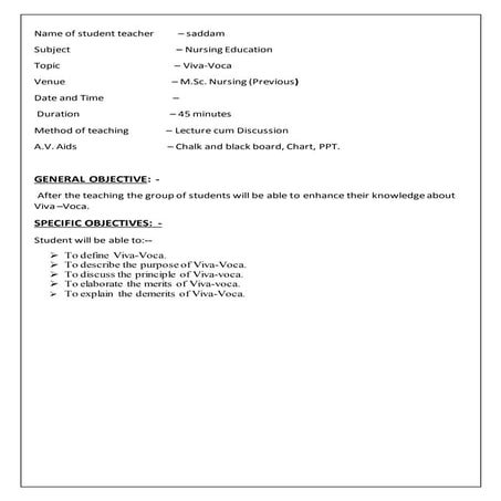 Plans Teaching Nurses Lesson Plan On Viva Voca ( Nursing Education )