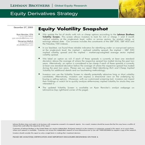 The Lehman Brothers Volatility Screening Tool