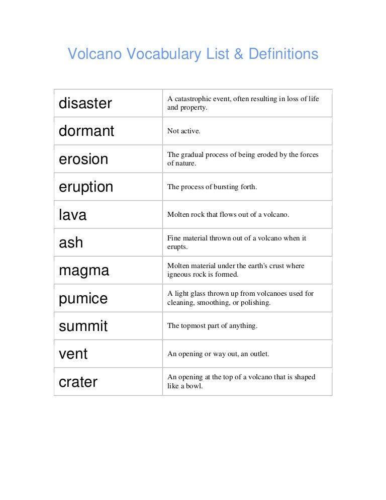 Volcano vocabulary list