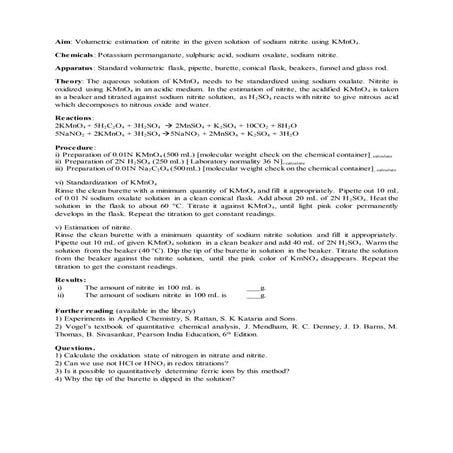 Volumetric estimation of nitrite in the given solution of sodium nitrite usin...