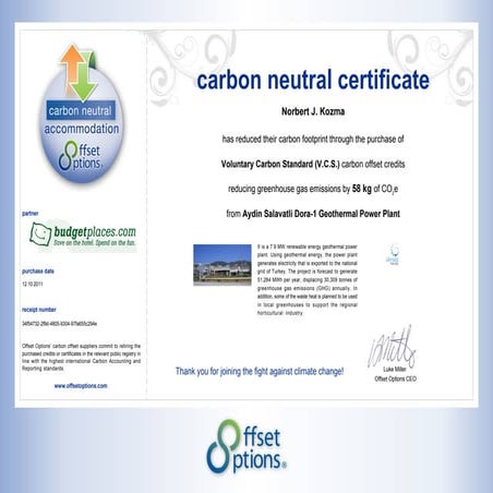 Voluntary carbon off set certificate eu 1, for barcelona hotel, oct. 12, 2011 