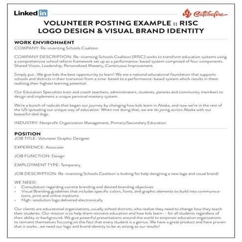Volunteer graphic designer (logo & brand) posting example