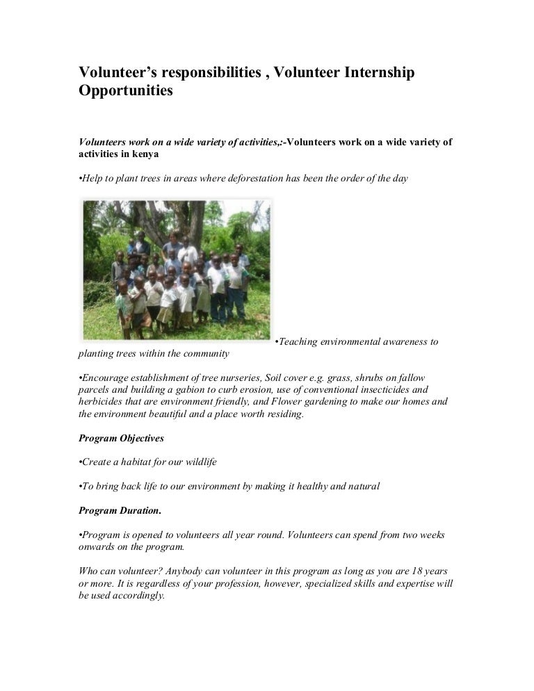 Volunteer’s responsibilities , volunteer internship opportunities
