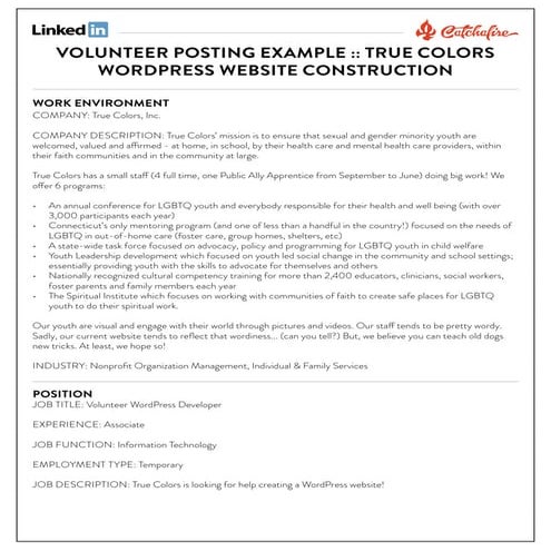 Volunteer word press developer posting example