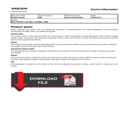 Volvo EC55C Compact Excavator Service Repair Manual | PDF