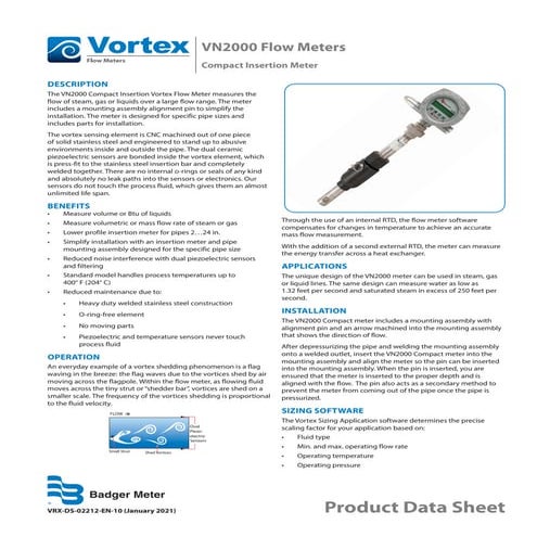 Vortex vn2000 datasheet badger meter compact insertion flow meter
