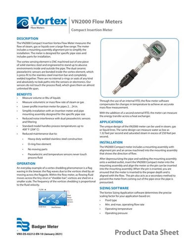 Vortex vn2000 datasheet badger meter compact insertion flow meter