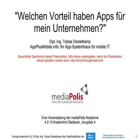 Vortrag zu Apps AppPlusMobile, Kreativamt Gladbeck