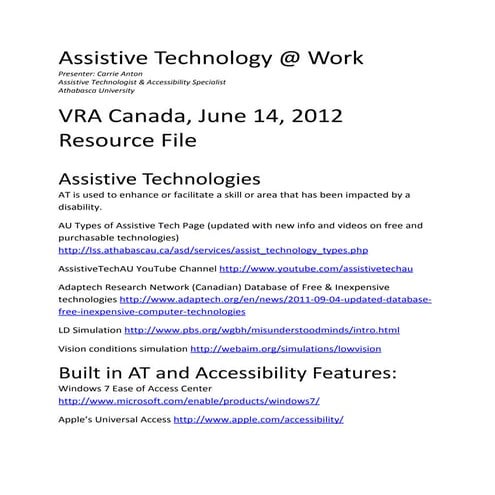 VRA  Assistive Technology @ work Resources