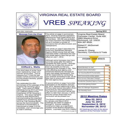 Virginia Real Estate Board Newsletter Spring 2012