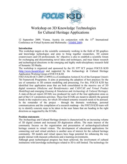 Workshop on 3D Knowledge Technologies for Cultural Heritage Applications: Int...