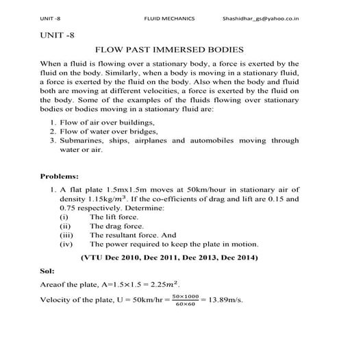 Vtu fluid mechanics unit-8 flow past immersed bodies problems