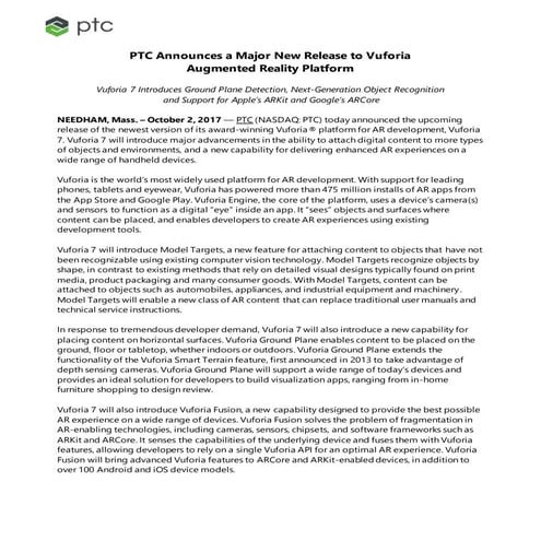 PTC Announces a Major New Release to Vuforia  Augmented Reality Platform
