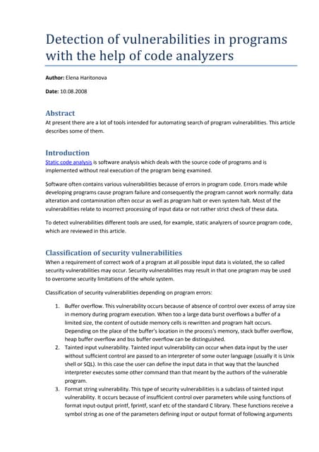 Detection of vulnerabilities in programs with the help of code analyzers
