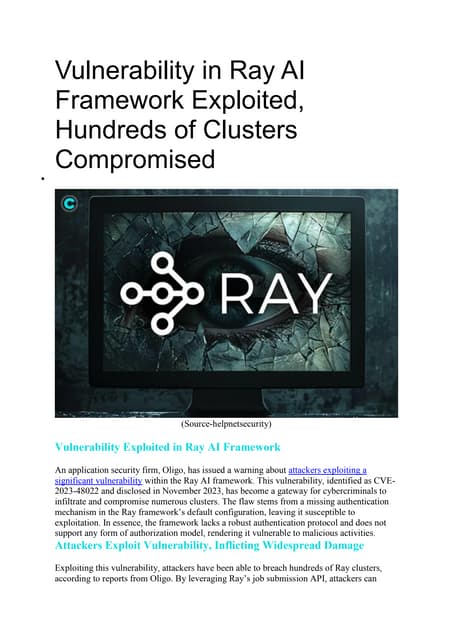 Vulnerability in Ray AI Framework Exploited, Hundreds of Clusters Compromised