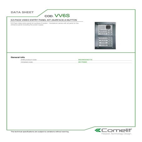 Comelit VV6S Data Sheet | PDF