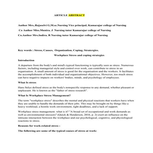 Managing -stress- at -workplace. Article
