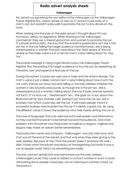 Vw advert analysis sheet