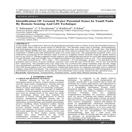 Identification Of Ground Water Potential Zones In Tamil Nadu By Remote Sensin...
