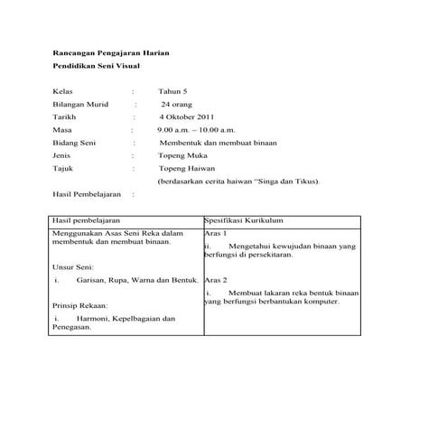 Rancangan pengajaran harian  topeng 