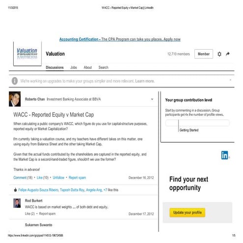 Wacc   reported equity v market cap   linked-in