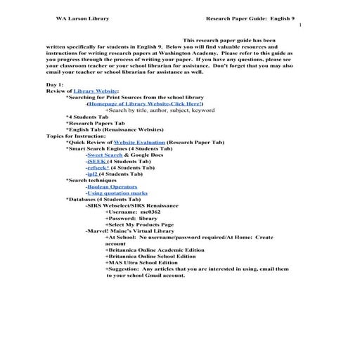 WA Eng 9 Library Research Paper Guide For Students