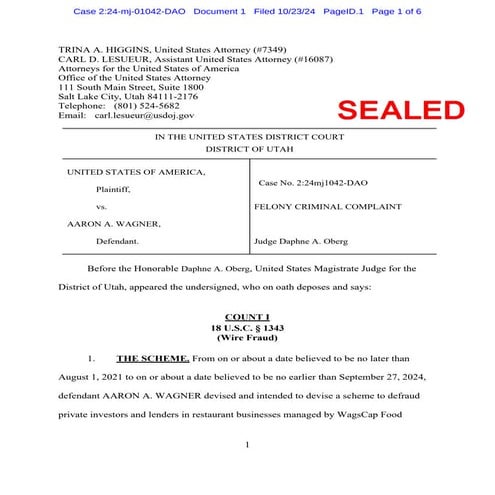 Aaron Wagner Wire Fraud Federal Complaint