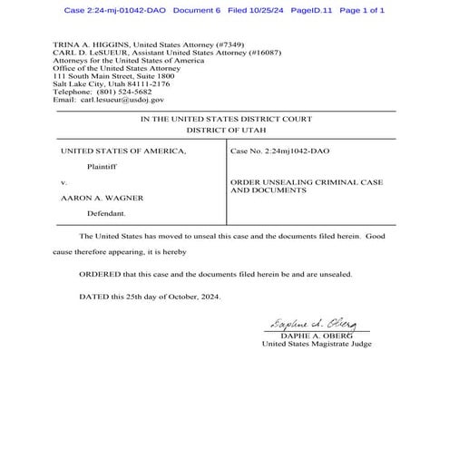 Wagner Wire Fraud Complaint Court Order Unsealing