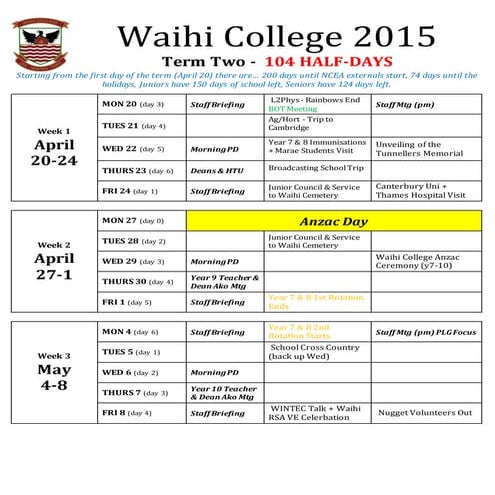 Waihi college 2015 printable calendar diary term two