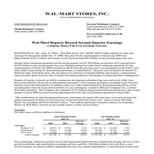 Walmart Quarterly Earnings Q2 2009 8 1
