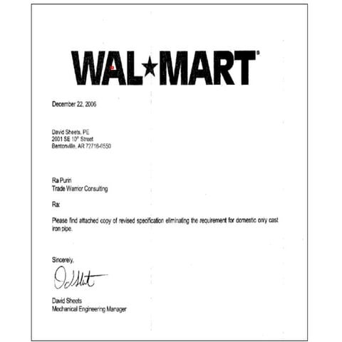 Walmart and import cast iron pipe