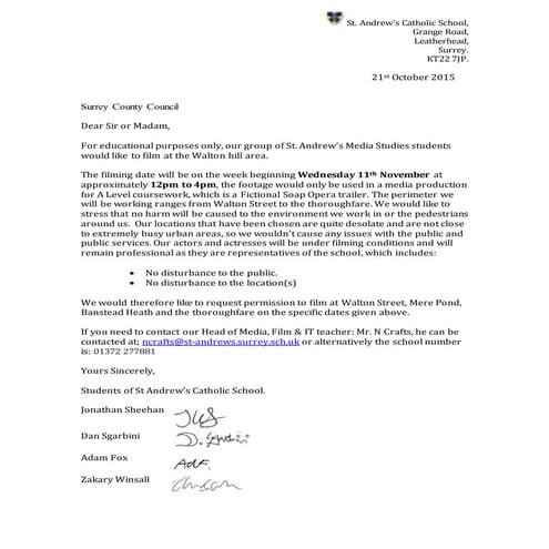Letter to Surrey County Council - Permission to Film