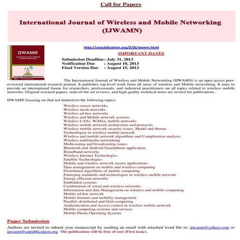 International Journal of Wireless and Mobile Networking (IJWAMN)
