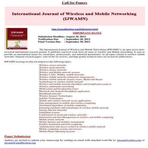 International Journal of Wireless and Mobile Networking (IJWAMN)