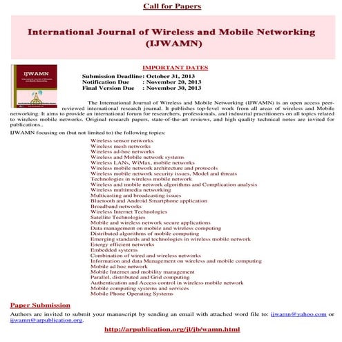 International Journal of Wireless and Mobile Networking (IJWAMN)