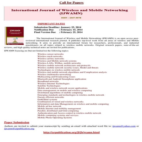 International Journal of Wireless and Mobile Networking (IJWAMN)