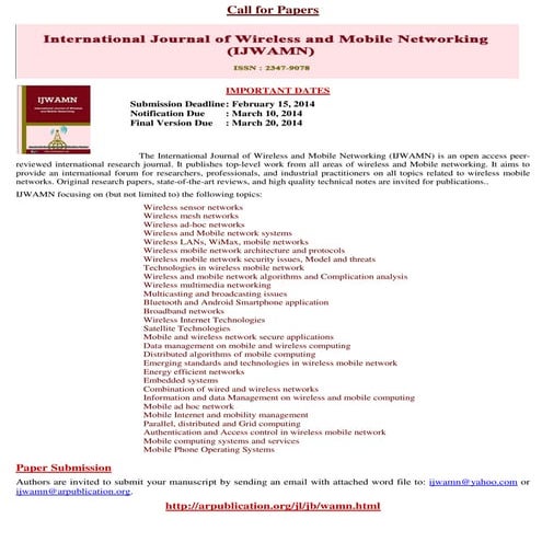 International Journal of Wireless and Mobile Networking (IJWAMN)
