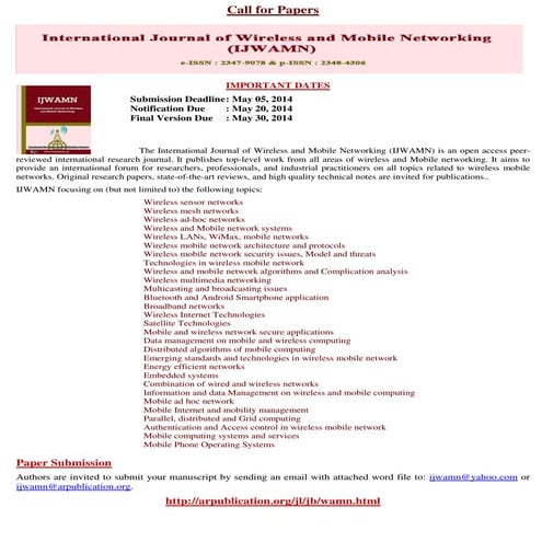 International Journal of Wireless and Mobile Networking (IJWAMN)