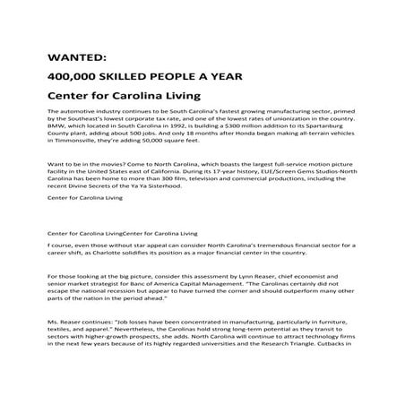 Wanted  400,000 skilled people a year in the carolinas