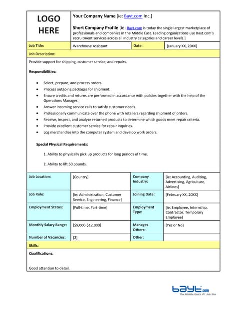 warehouse assistant job description